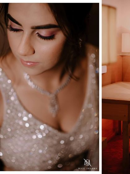 A close-up shot focusing on the bride's elegant makeup and jewelry.
