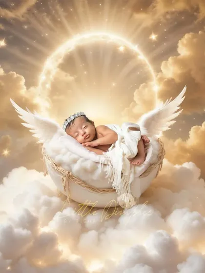 A true angel baby. This portrait uses digital wings and a heavenly cloud background to capture the pure innocence of your newborn in a beautiful, ethereal style.