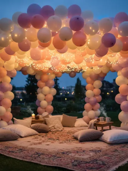 I create magical and intimate spaces perfect for a Mehndi night or a cozy pre-wedding function. This balloon canopy, woven with warm fairy lights, provides a dreamy, mandap-style seating area for an unforgettable evening outdoors.