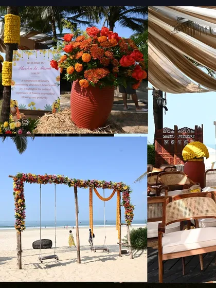 The boho beach Haldi included a beautiful floral swing on the sand, providing a perfect photo opportunity against the ocean backdrop.
