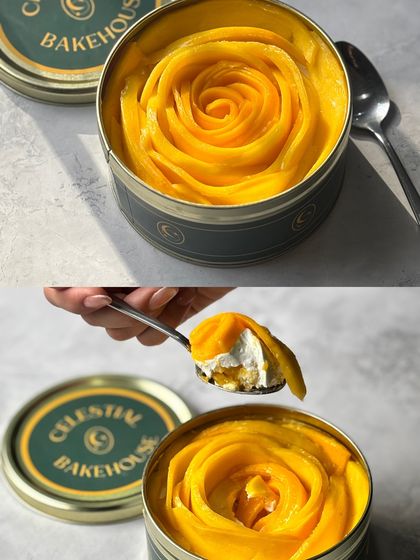 Our Mango Tres Leches, from the beautiful tin to the irresistible first scoop. It's a dessert experience designed to be savored.