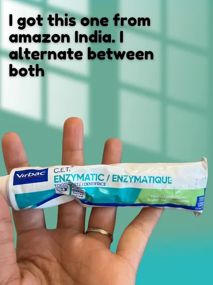 This is one of the enzymatic toothpastes I use for Pantu, which helps break down plaque.