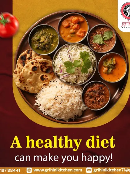 A healthy diet can make you happy. My thalis are designed to be both nutritious and delicious, offering a variety of vegetables, lentils, and grains.
