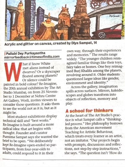 Our feature in Mumbai Mirror for the "Re-Imagine" exhibition. The article highlights our philosophy of art beginning with thought, not just technical skill.
