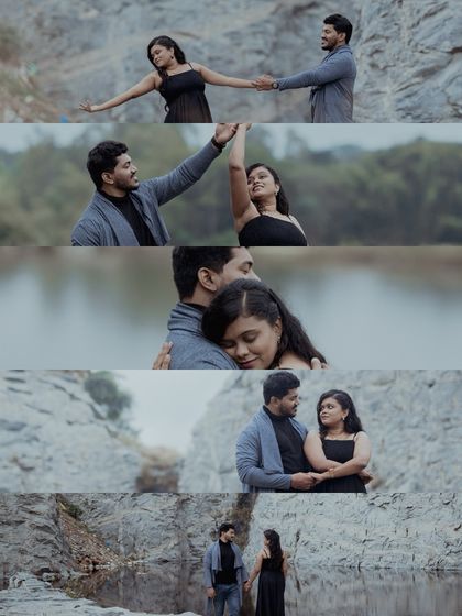 A collage of a couple's pre-wedding shoot at a quarry, capturing their romantic interactions against the rugged terrain.
