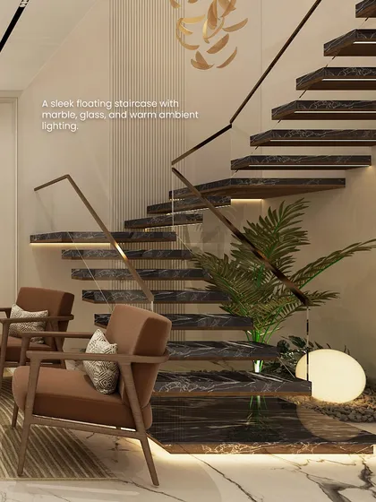 A sleek floating staircase made of marble and glass is accentuated by warm ambient lighting, adding depth and sophistication to this living area.