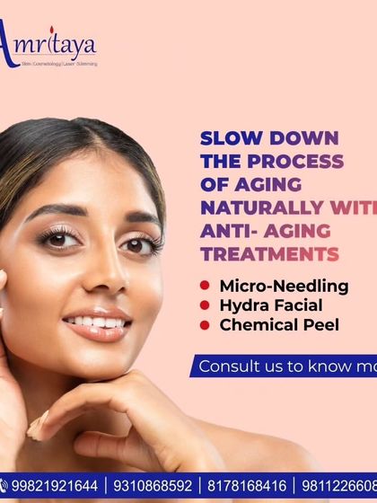 Slow down the aging process naturally with our anti-aging treatments. This graphic highlights Microneedling, Hydrafacial, and Chemical Peels as great options for maintaining youthful skin.