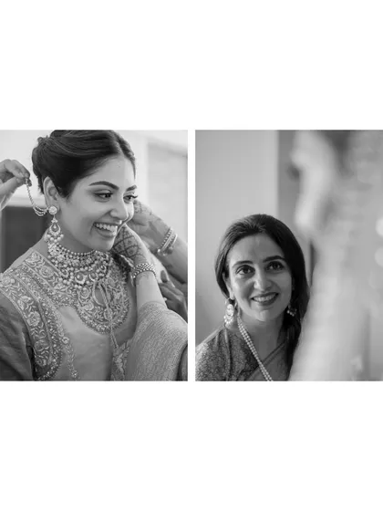 A mother looks on with love and pride as her daughter gets ready on her wedding day. These quiet, background moments are often the most emotionally resonant.