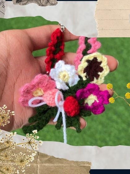 A close-up collage of the mini flower bouquet keychain, showing the intricate details of the tiny, colorful flowers.