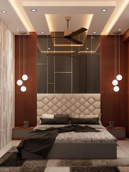 Another view of the dark-themed luxury bedroom, showing the interplay of textures and lighting.