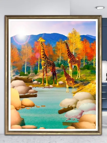 The giraffe painting displayed in a kitchen or dining area mockup, showing its versatility.