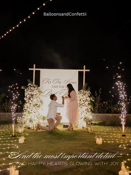 The perfect "Yes" moment. I design the entire experience, from the candlelit path and floral backdrop to the perfectly timed sparklers, ensuring your proposal is a story you will tell forever.