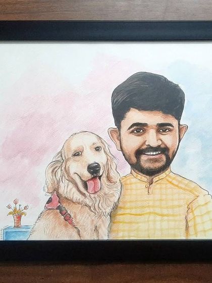 A close-up of the framed pet caricature, showing the soft watercolor background.