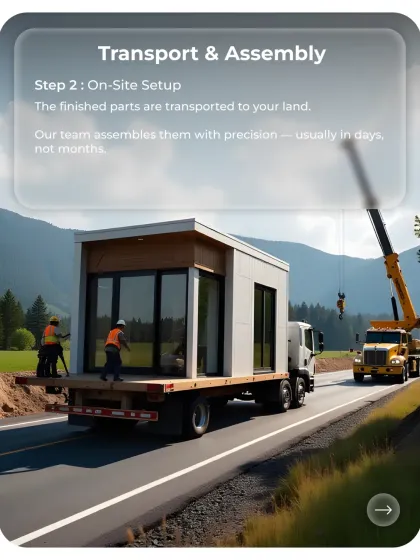 Once the modules are built in the factory, they are transported to your land. My experienced team then assembles them with precision, a process that usually takes days, not months.