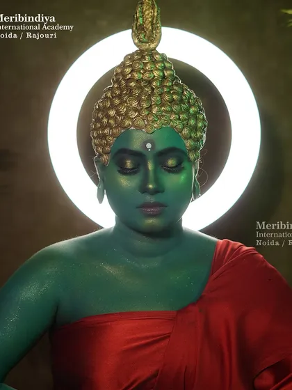 A frontal view of the Buddha makeup, showing the incredible transformation and the peaceful aura it creates.
