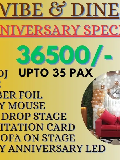 Details of my Anniversary Special package for up to 35 guests. It comes with a live DJ, games, number foil decor, a backdrop stage with a red sofa, and a "Happy Anniversary" LED sign.