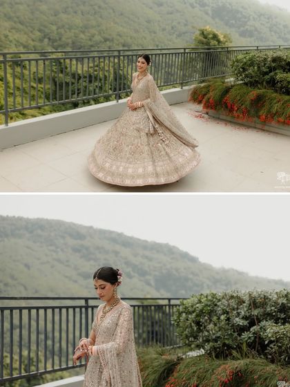 A two-part collage showing the bride in her stunning lehenga against the backdrop of the Dehradun hills. These shots capture both the grandeur of her outfit and the beauty of the natural setting.