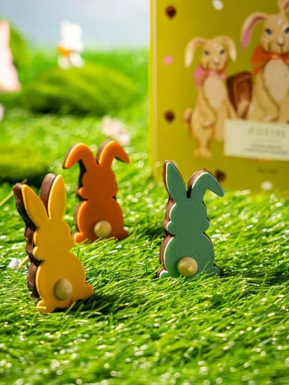 A closer look at the adorable and colorful chocolate bunnies for Easter. These treats are a fun and delightful way to celebrate the spring holiday with family and friends.