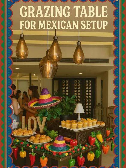 We love creating themed events, like this vibrant Mexican grazing table. The setup includes festive decor like sombreros and colorful garlands to complement the menu of tacos, vol-au-vents, and fresh salsas.