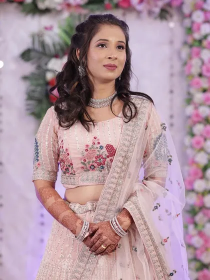 A repeat of the lovely pastel pink lehenga look, showing its versatility and charm.