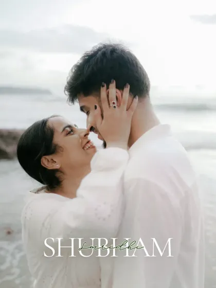 A candid moment from a pre-wedding shoot in Goa. Love is often found in the playful, unposed moments, with the ocean as our witness and the sea breeze carrying their laughter.