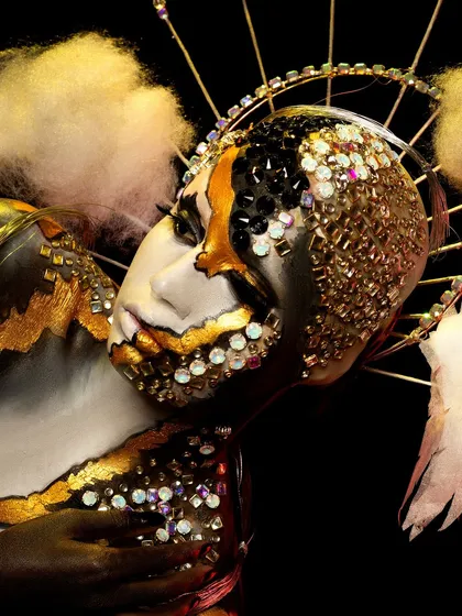 A fantasy portrait created by one of my talented students. The look is inspired by a butterfly, using textured elements, gold leaf, and dramatic lighting to create a magical effect.