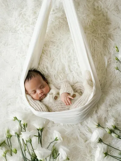 So tiny, so peaceful, so loved. We use simple, soft props like this gentle fabric hammock to create serene and artistic newborn portraits that highlight your baby's delicate features and tranquil sleep.