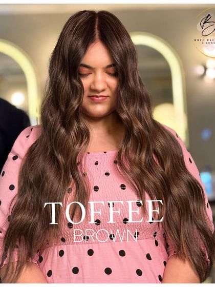 This toffee brown color is the perfect sweet indulgence. The text overlay highlights the name of this popular, rich shade.
