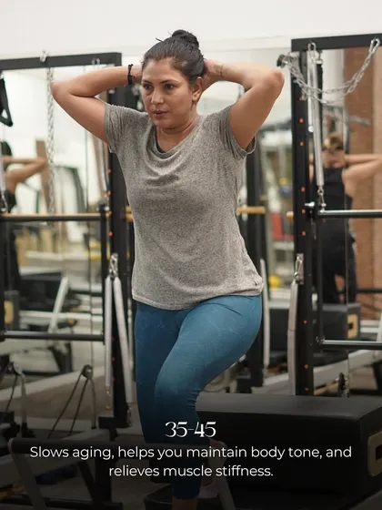 For those aged 35-45, Pilates is fantastic for slowing the aging process, maintaining body tone, and relieving muscle stiffness. This client is working on her posture and strength.