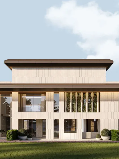 A measured composition of stone, light, and vertical voids, this facade is more about experience than ornament. The interplay of solid volumes and slender green insets introduces a quiet rhythm, framing moments of light and shadow.