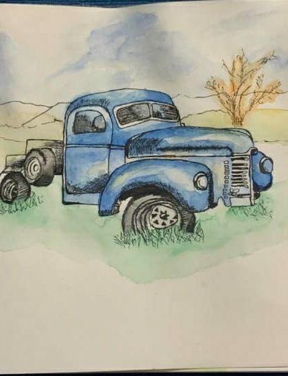 An old truck painted with watercolours. This student work shows a great use of colour washes to create a rustic, vintage feel.