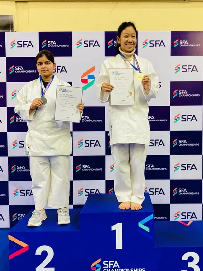 Two strong competitors on the podium. My student Drishti Goyal took the silver medal in a hard-fought final.