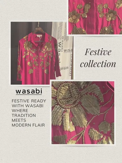Celebrate every moment in style. This collage shows the beautiful, intricate hand embroidery on our festive pink kurta. It’s a look that’s chic, vibrant, and unforgettable.