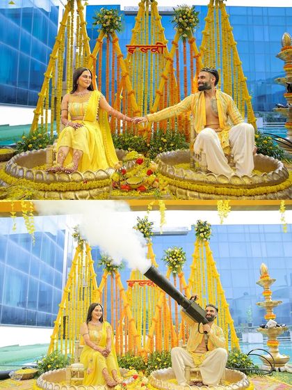 This collage shows the fun and playful side of a Haldi ceremony. The top image captures a sweet moment, while the bottom shows the groom having a blast with a smoke cannon, adding a modern twist to the tradition.