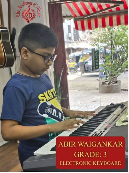 Abir Waigankar practices on the electronic keyboard for his Grade 3 exam. We offer lessons for both classical piano and contemporary electronic keyboard styles.