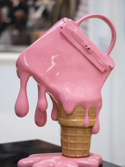 My "I Scream Kelly" sculpture in vibrant pink. This piece is a bold fusion of sweet nostalgia and luxe desire, where the iconic Kelly bag melts into a playful ice cream cone.