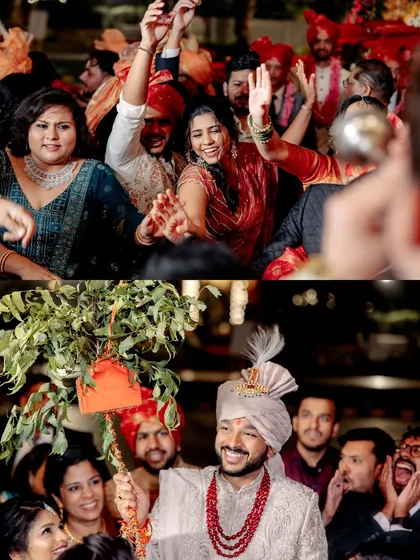 A collage of the Baraat, capturing the groom's joy and the vibrant energy of the dancing guests.