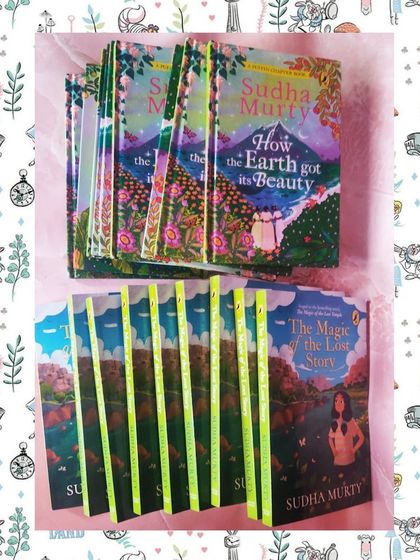 A selection of popular children's books by Sudha Murty, such as "How the Earth got its Beauty" and "The Magic of the Lost Story," which make for a wonderful and educational gift.