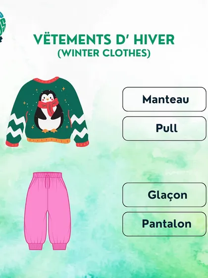 Getting ready for winter? Let's learn some French vocabulary for winter clothes. This image shows a 'pull' (sweater) and 'pantalon' (pants).