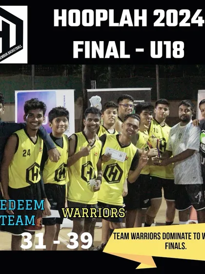 Team Warriors celebrating their U-18 championship win at Hooplah '24 after a dominant performance in the finals.