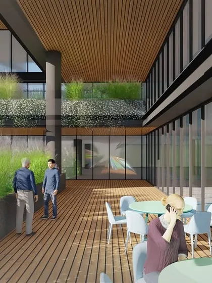 My design concept for a corporate tower's outdoor terrace, featuring wooden decking and extensive planters. The rendering illustrates how biophilic design can be integrated into a high-rise building to create restorative breakout spaces for employees.