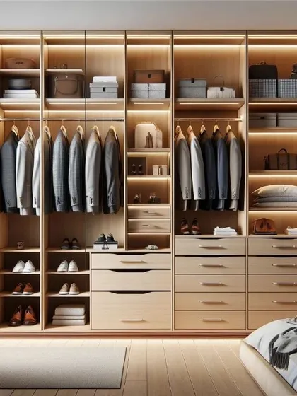This light wood closet design is seamlessly integrated into a bedroom. The open-concept layout with varied shelving and drawers offers a functional and aesthetically pleasing storage solution.