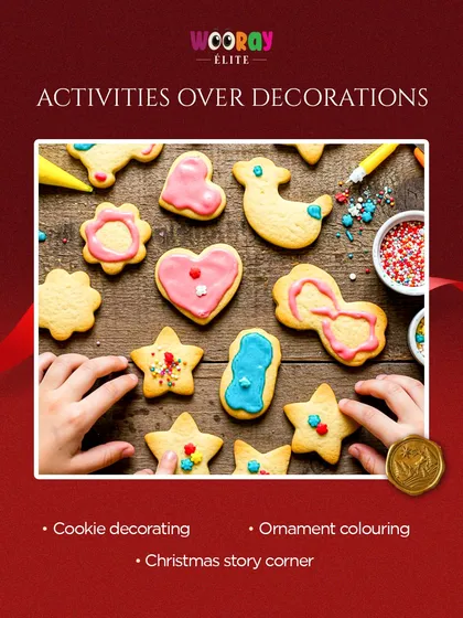 For our Christmas-themed parties, we focus on activities over just decorations. This includes fun and engaging options like cookie decorating, ornament coloring, and a cozy Christmas story corner.