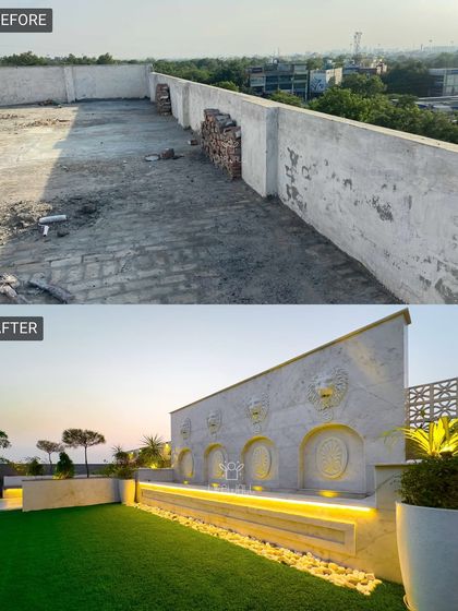 We turned this plain boundary wall into a majestic feature. The new design includes Roman-style arches and lion head water spouts, creating a grand, classical ambiance with integrated lighting.