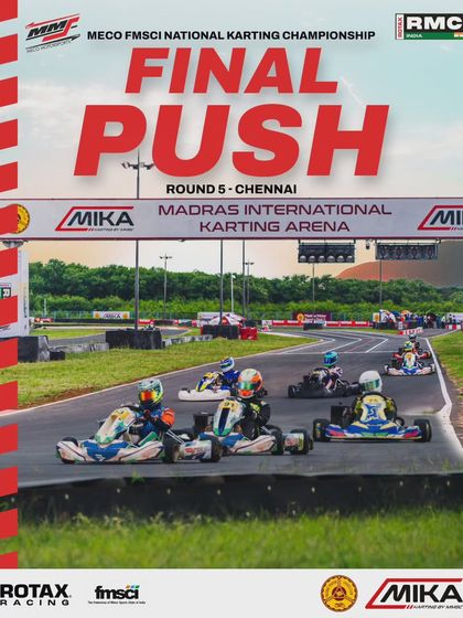 The final push for the 2024 season at the brand new MIKA circuit in Chennai. This image shows the karts navigating the track during the championship's final round.