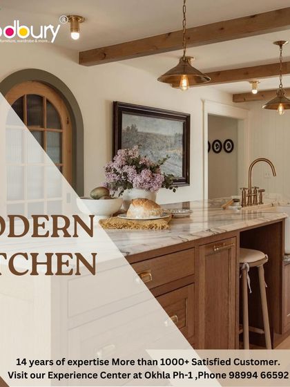 A modern kitchen concept with a rustic touch. This design features dark wood cabinets, a farmhouse sink, and a large marble-topped island.