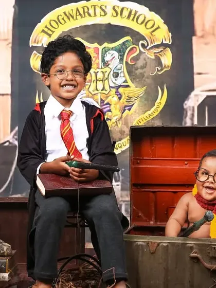 Bringing a little magic to the studio with a fun Harry Potter themed photoshoot for these two brothers. I love working with you to create custom themes that reflect your family's personality, from the costumes to the props.