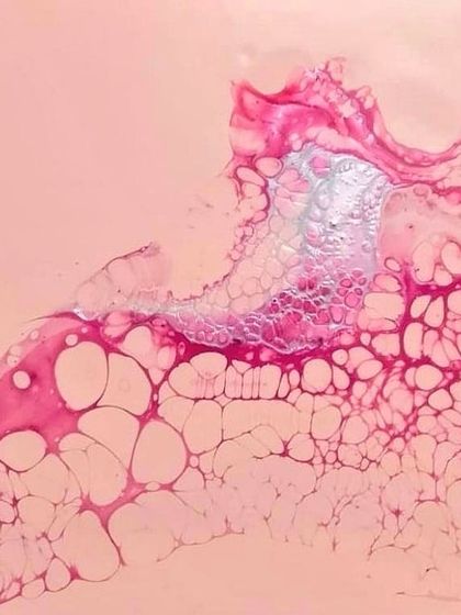 An elegant and minimalist abstract piece in shades of pink and silver. This was created using a special swipe technique to form delicate, web-like cells.