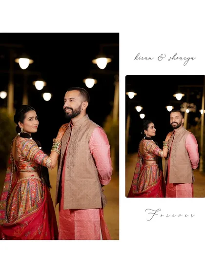 A collage of portraits from Kiran and Shourya's carnival night, showcasing their stylish outfits and the romantic, lantern-lit pathways of the venue.