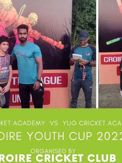 A collage from the opening day of the Croire Youth Cup 2022, featuring Push Cricket Academy and YUG Cricket Academy.